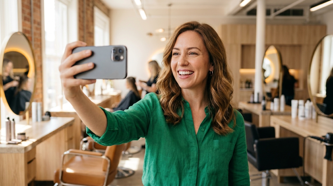 A happy customer recording a video testimonial on their smartphone in a bright salon setting, showing authentic emotion and engagement