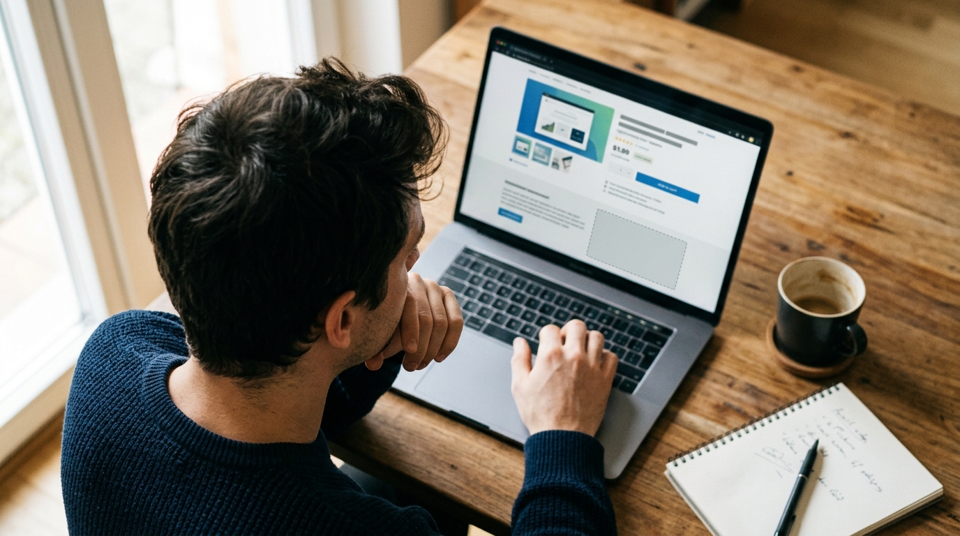 A laptop screen showing an ecommerce product page with empty space where video testimonials would appear, illustrating the social proof gap that hurts conversion rates.