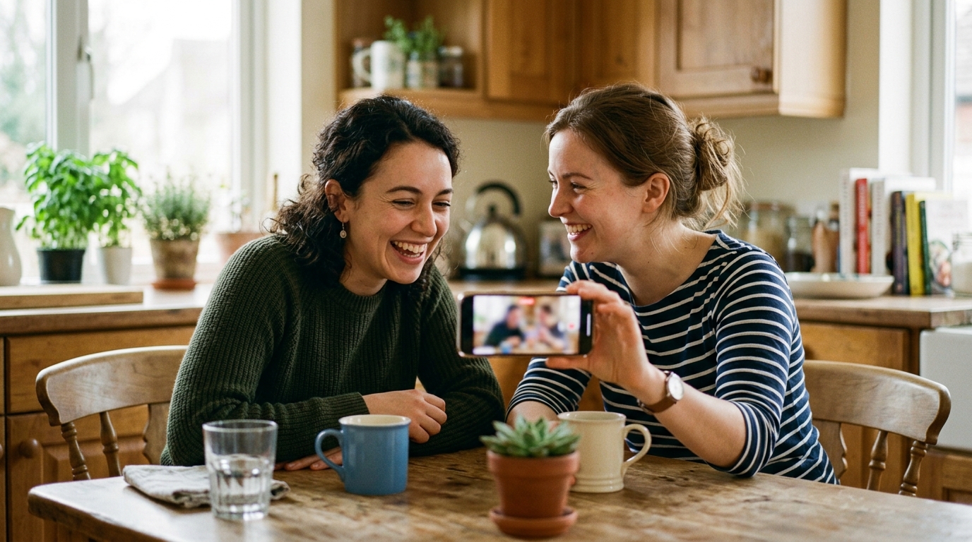 One friend showing another a customer video on a smartphone at a kitchen table, word of mouth marketing happening between people who trust each other